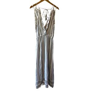 NWT Blue Island Beach Striped W/ Tassel V Neck Maxi Swim Coverup Boho Size Small